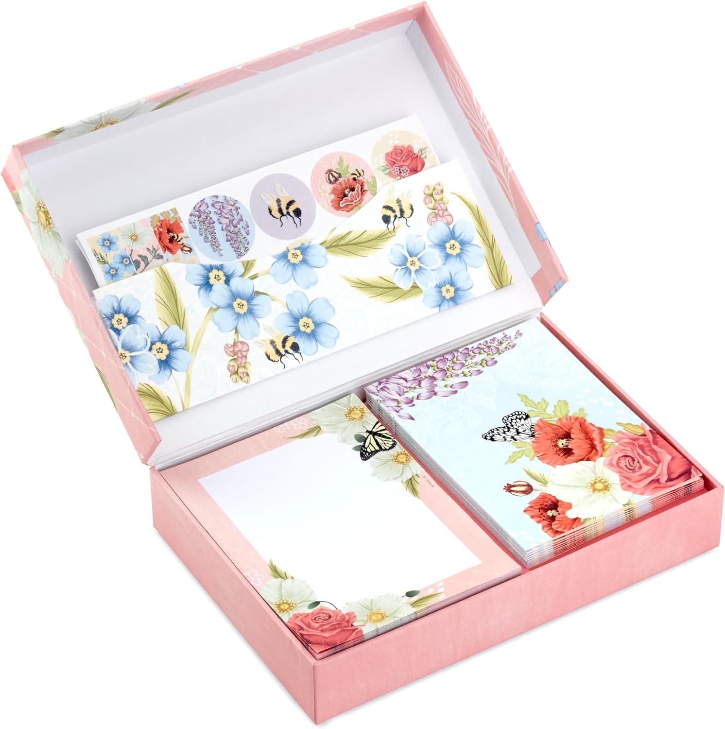 Hallmark Stationery Set with Desk Organizer, Light Pink (10 Blank Cards with Envelopes, 20 Writing Sheets with Envelopes, 75-Sheet Notepad, 30 Sticker Seals)