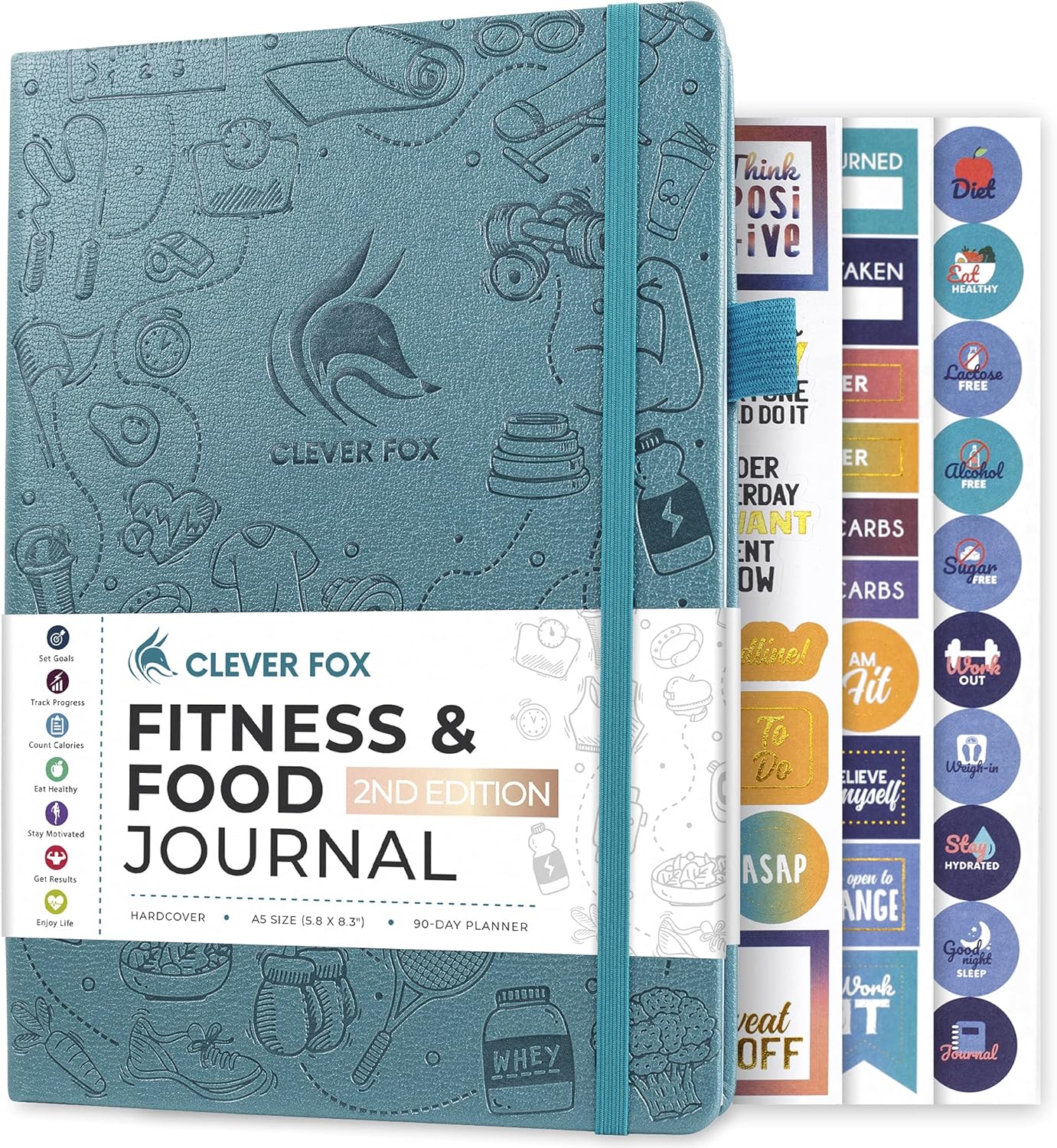 Clever Fox Fitness & Food Journal – Nutrition & Workout Planner for Women & Men – Diet & Gym Exercise Log Book with Calendars, Diet & Training Trackers - Undated, A5 Size, Hardcover (Aquamarine)