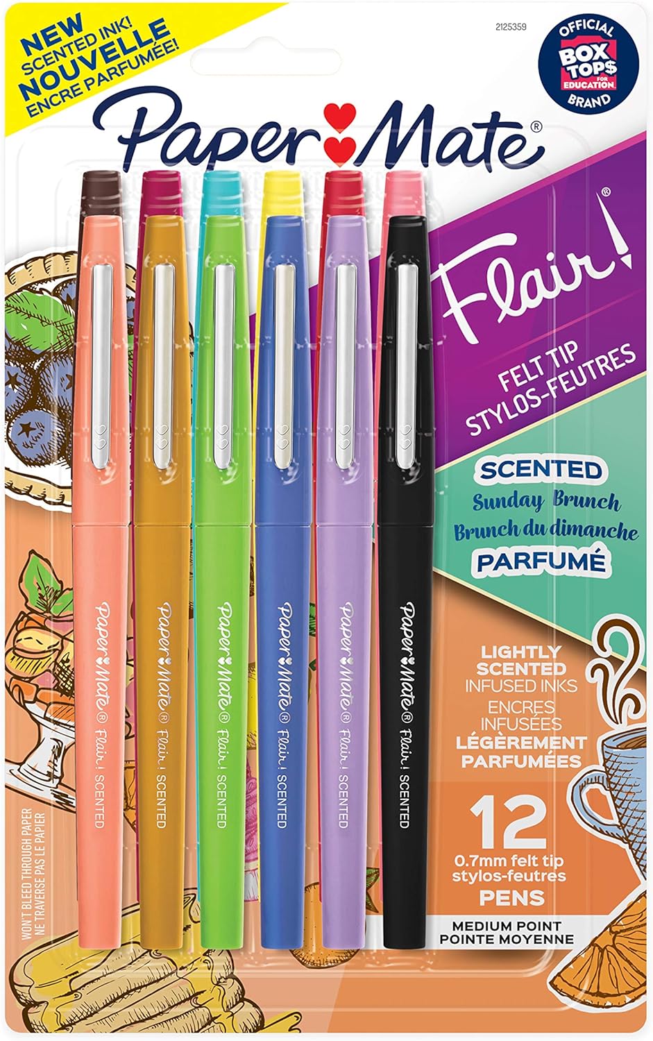 Paper Mate Flair Scented Felt Tip Pens, Assorted Sunday Brunch Scents and Colours, Medium Point (0.7 mm), 12 Count